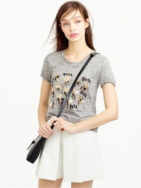 J. Crew Grey Short Sleeve Bee Graphic Tee with Metallic Accents